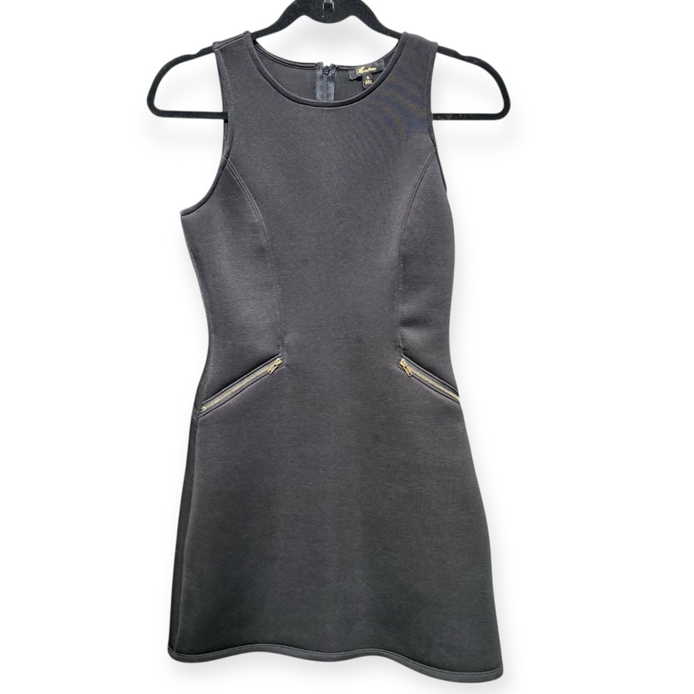 Monteau Women Sleeveless Scuba Knit Dress S Black Gold Zipper Pockets A-Line